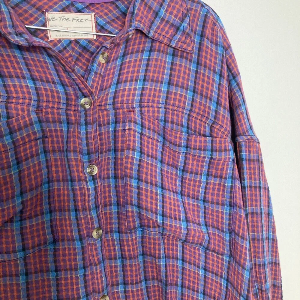 New Free People Oversized Bohemian Grunge Cardiff Plaid Swing Top Shirt Small